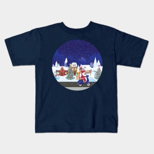 Santa ride scooter on night town Kids T-Shirt